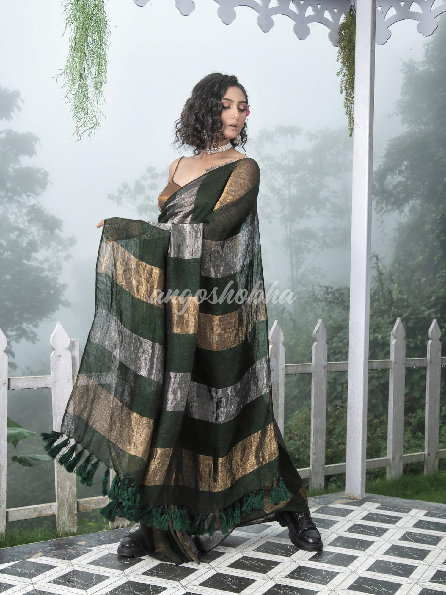 Bottle Green Linen Multicolor Tissue Body with Bottle Green Tassels Handwoven Saree