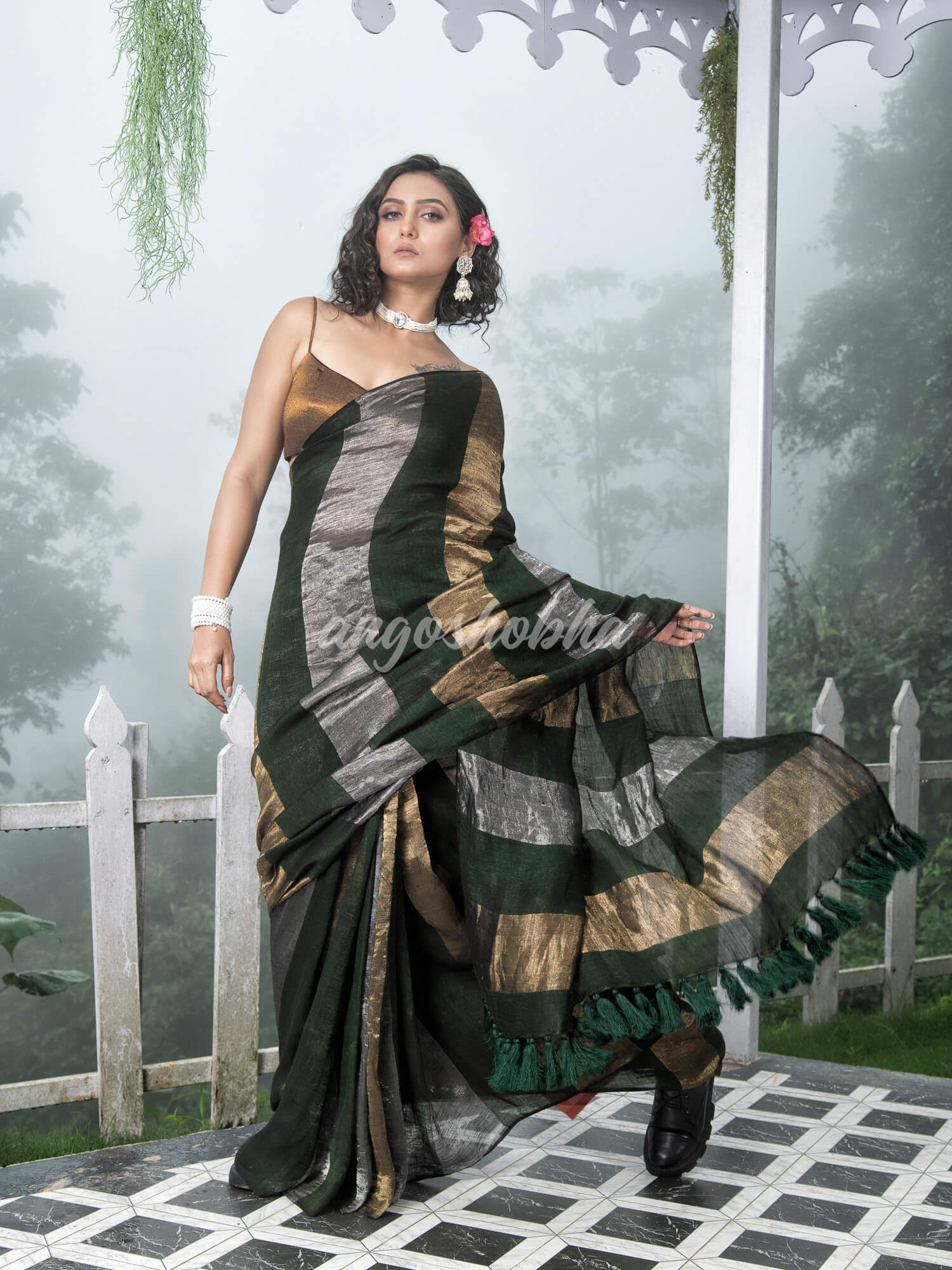 Bottle Green Linen Multicolor Tissue Body with Bottle Green Tassels Handwoven Saree