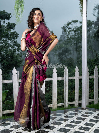 Magenta Linen Multicolor Tissue Body with Magenta Tassels Handwoven Saree