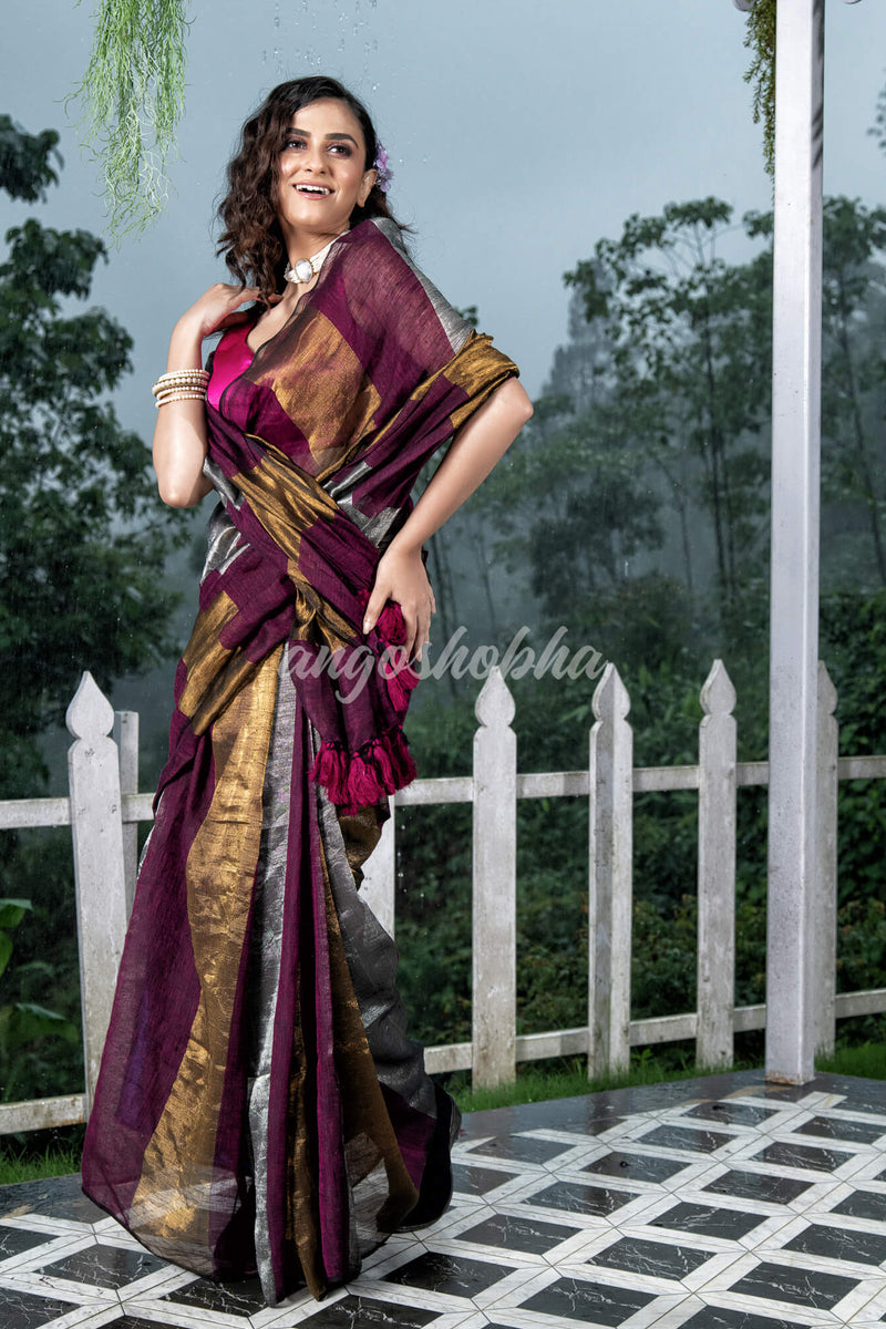 Magenta Linen Multicolor Tissue Body with Magenta Tassels Handwoven Saree