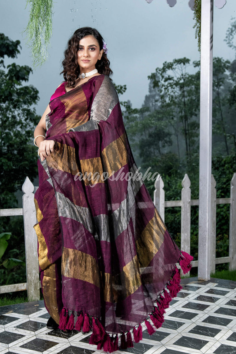 Magenta Linen Multicolor Tissue Body with Magenta Tassels Handwoven Saree