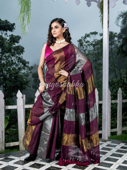 Magenta Linen Multicolor Tissue Body with Magenta Tassels Handwoven Saree