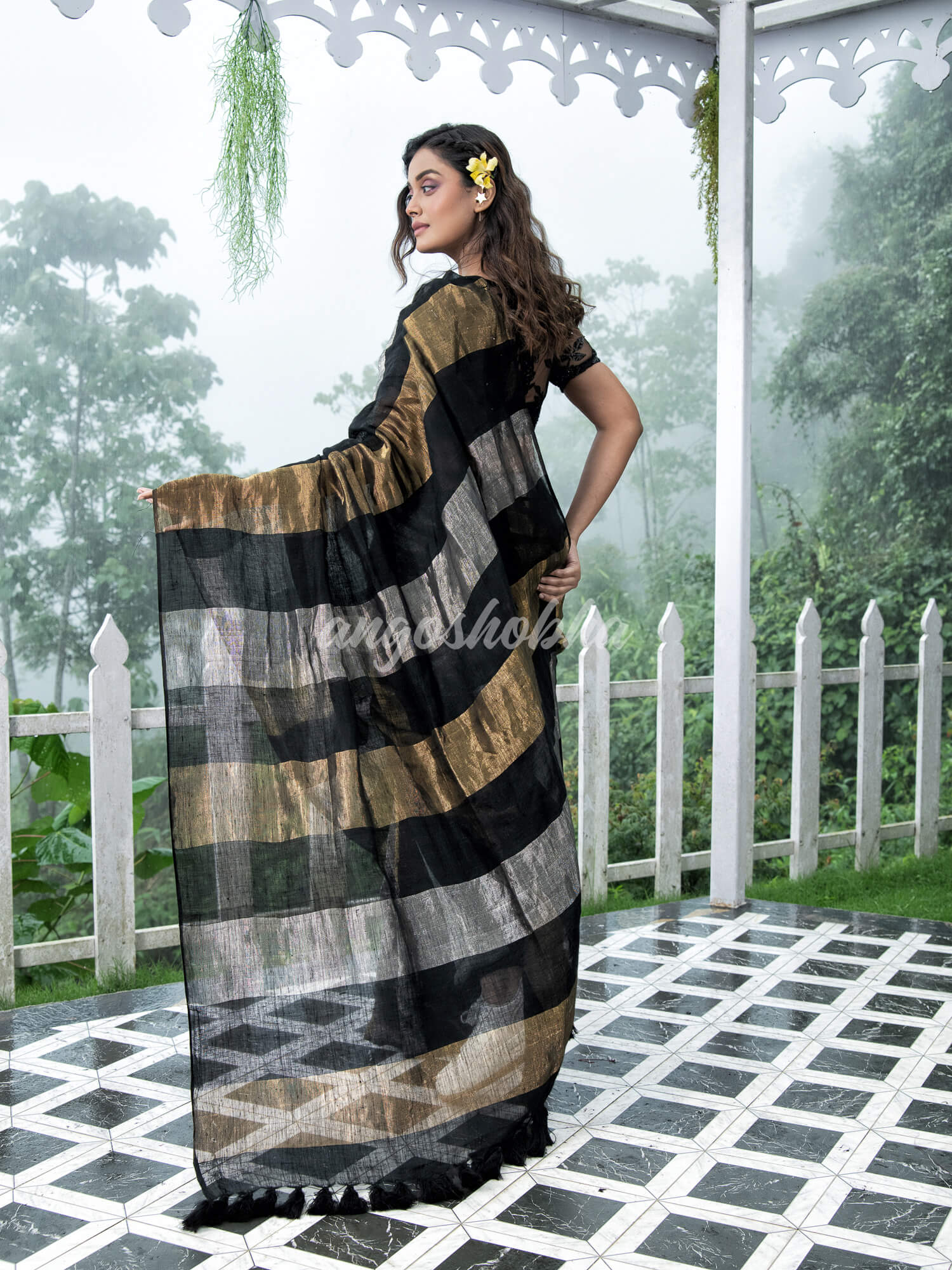 Black Linen Multicolor Tissue Body with Black Tassels Handwoven Saree