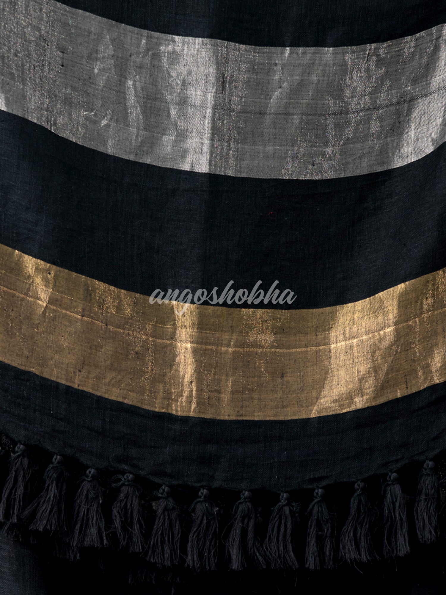 Black Linen Multicolor Tissue Body with Black Tassels Handwoven Saree