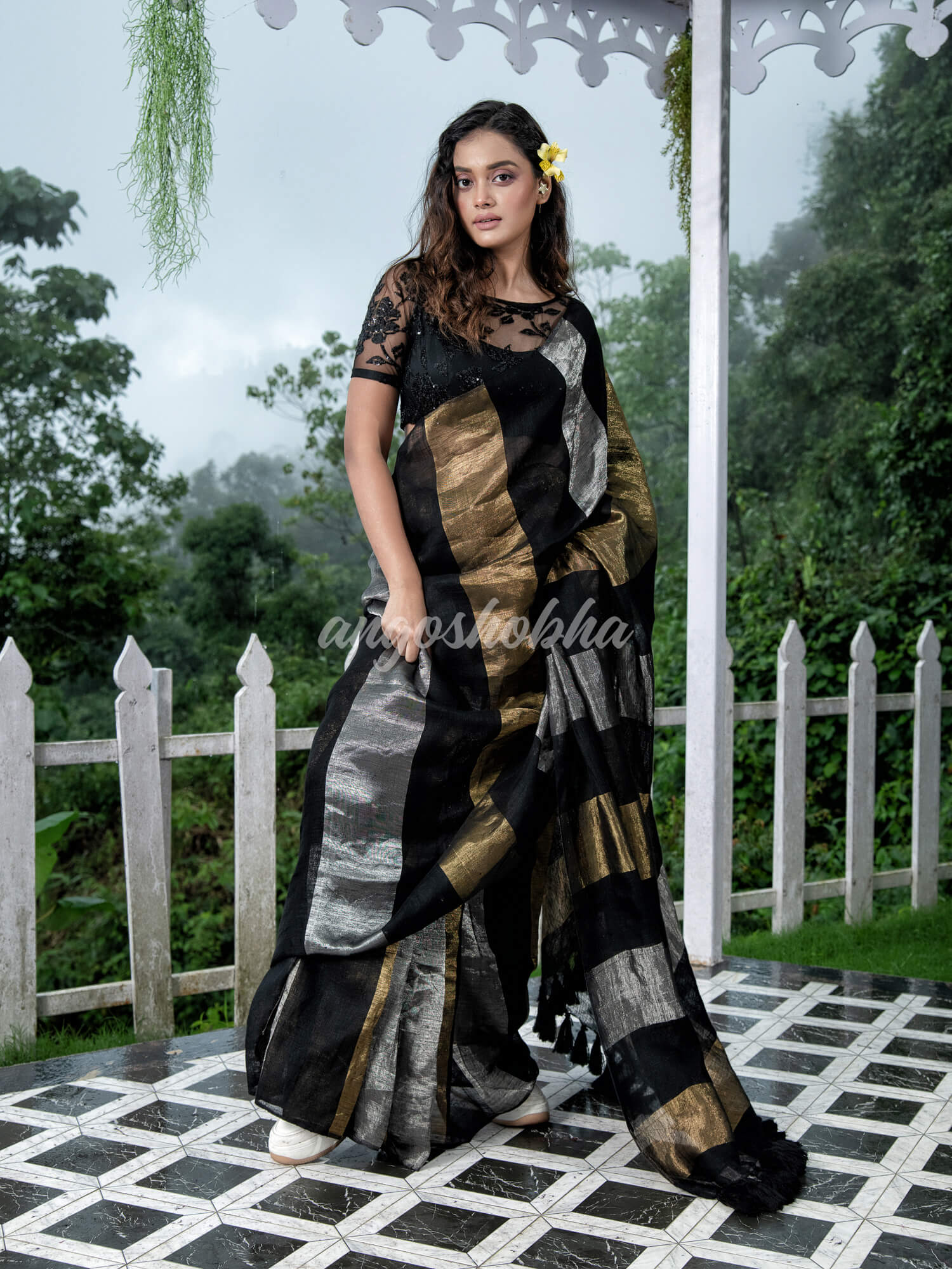 Black Linen Multicolor Tissue Body with Black Tassels Handwoven Saree