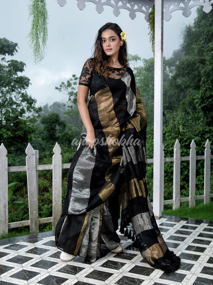 Black Linen Multicolor Tissue Body with Black Tassels Handwoven Saree