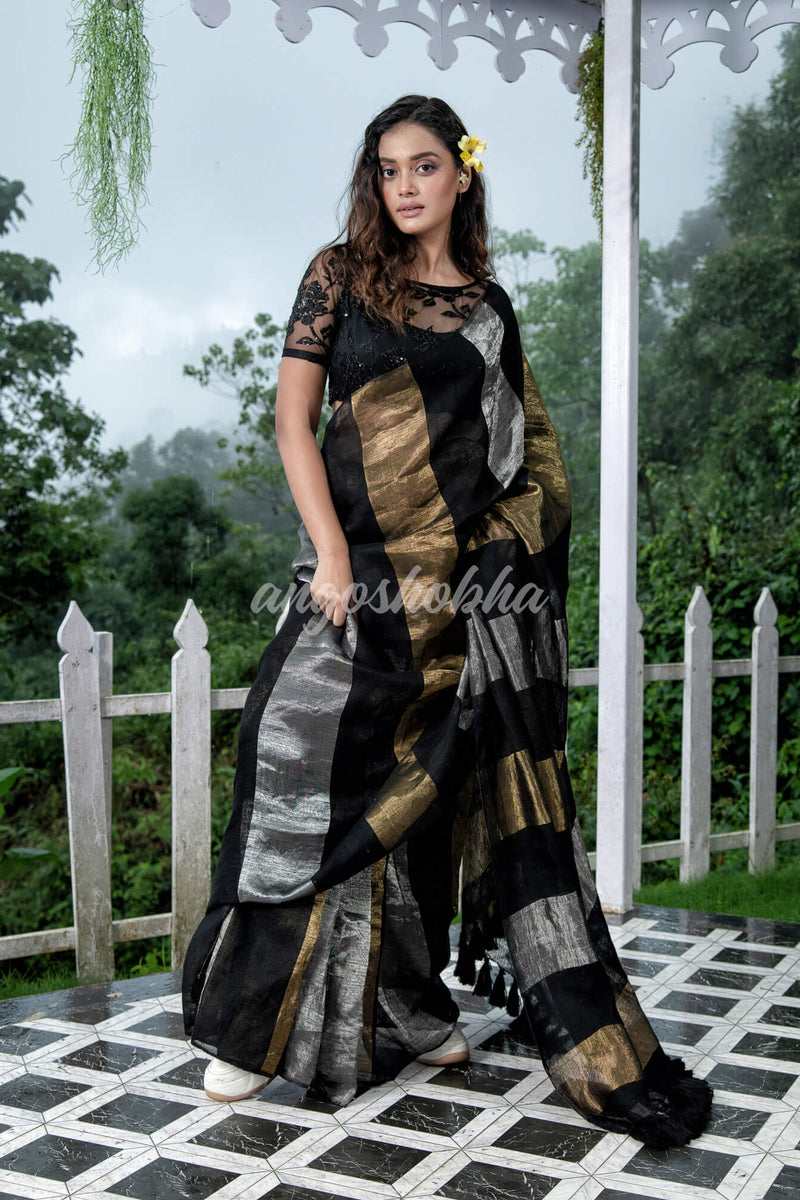 Black Linen Multicolor Tissue Body with Black Tassels Handwoven Saree
