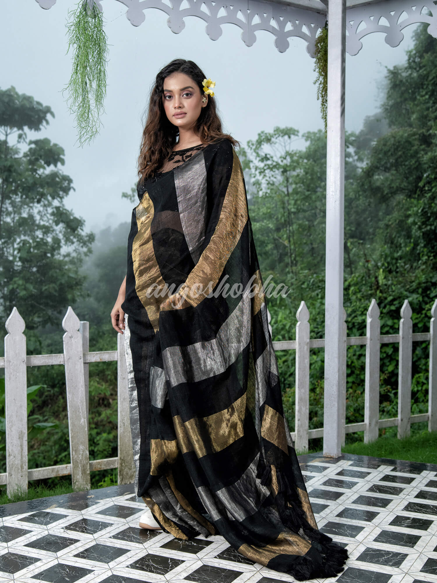 Black Linen Multicolor Tissue Body with Black Tassels Handwoven Saree