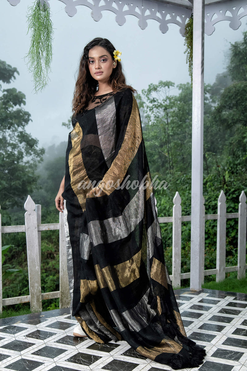 Black Linen Multicolor Tissue Body with Black Tassels Handwoven Saree