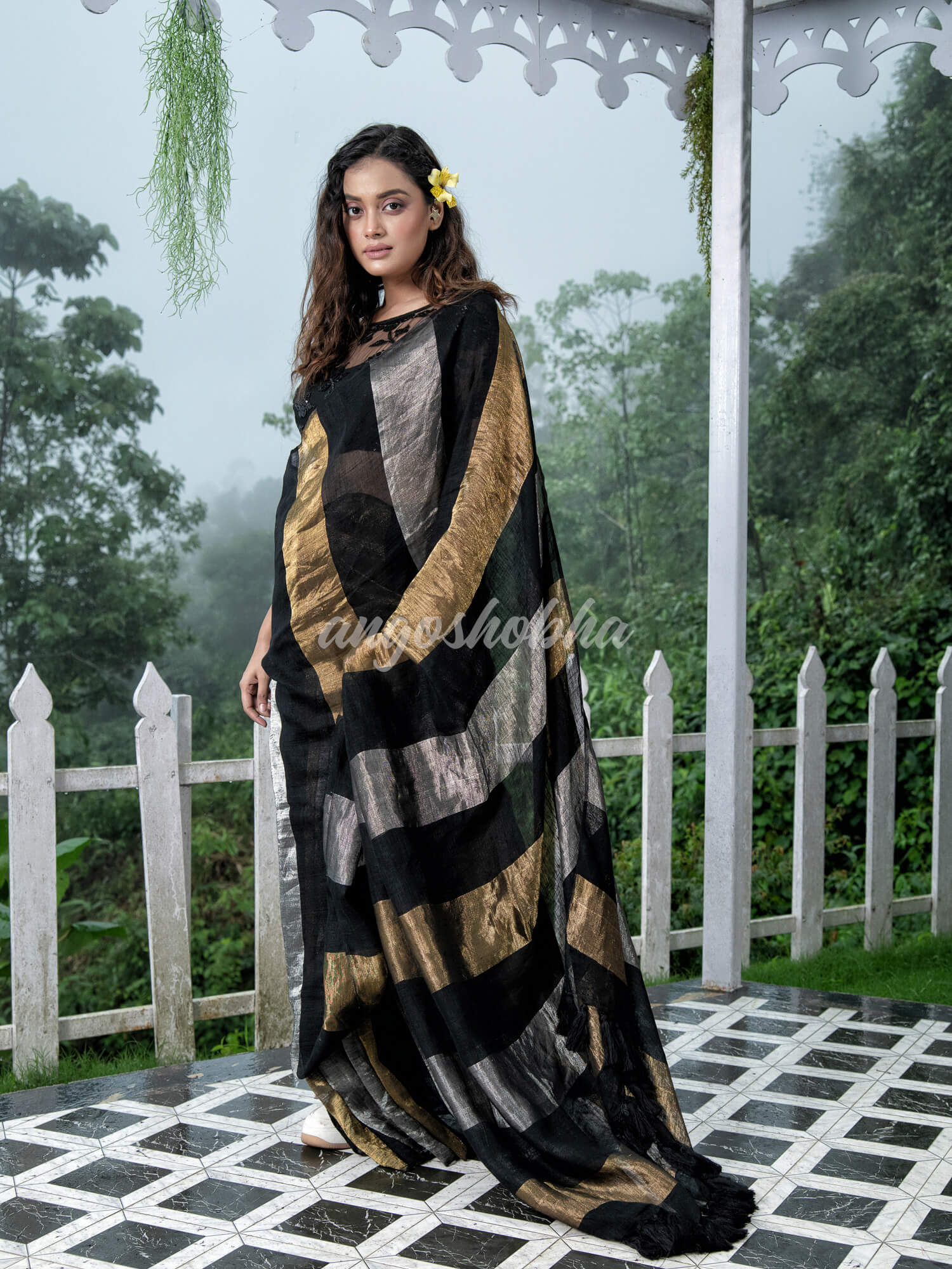 Black Linen Multicolor Tissue Body with Black Tassels Handwoven Saree