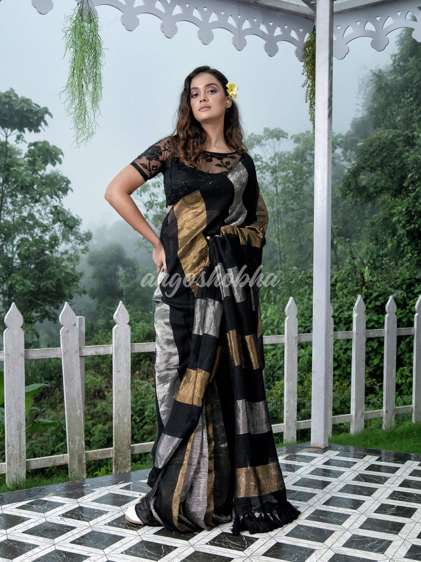Black Linen Multicolor Tissue Body with Black Tassels Handwoven Saree