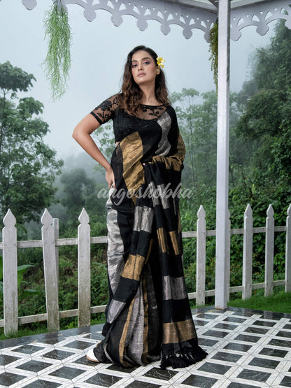 Black Linen Multicolor Tissue Body with Black Tassels Handwoven Saree