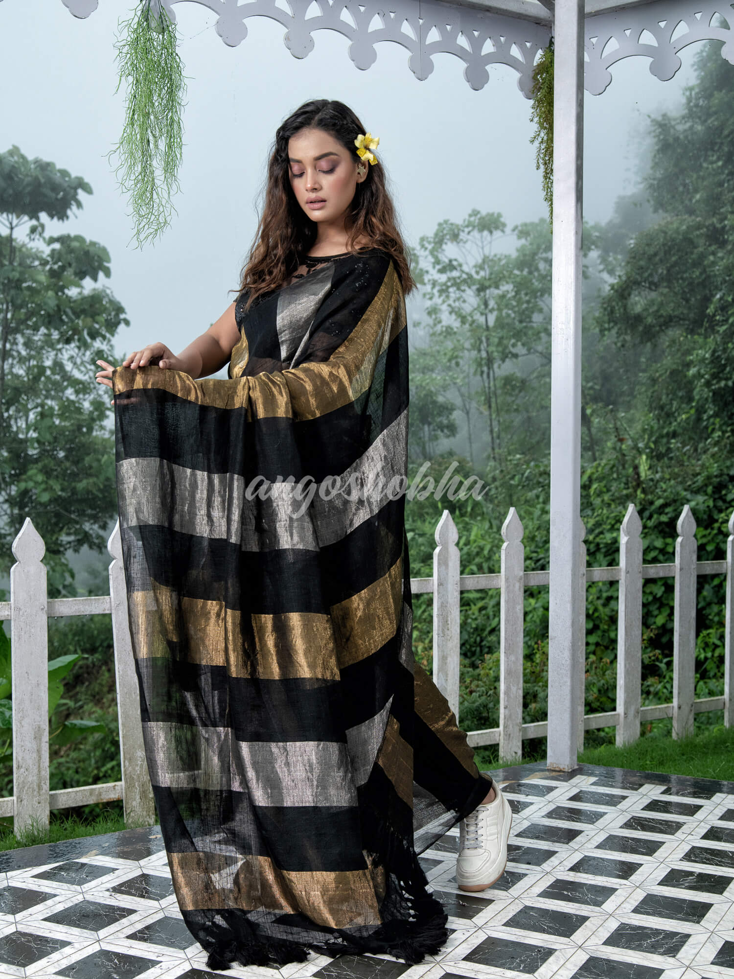 Black Linen Multicolor Tissue Body with Black Tassels Handwoven Saree
