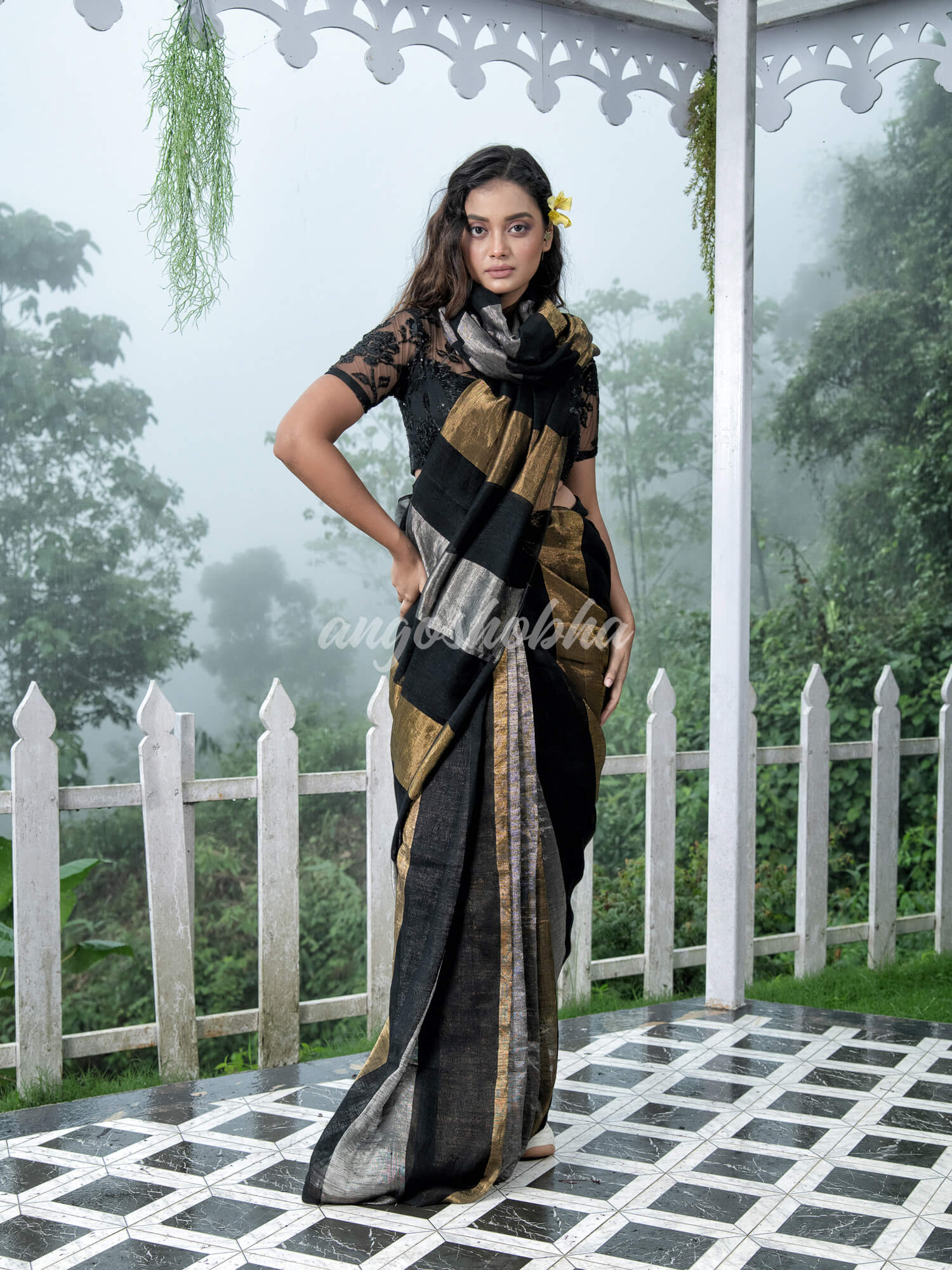 Black Linen Multicolor Tissue Body with Black Tassels Handwoven Saree
