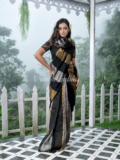 Black Linen Multicolor Tissue Body with Black Tassels Handwoven Saree