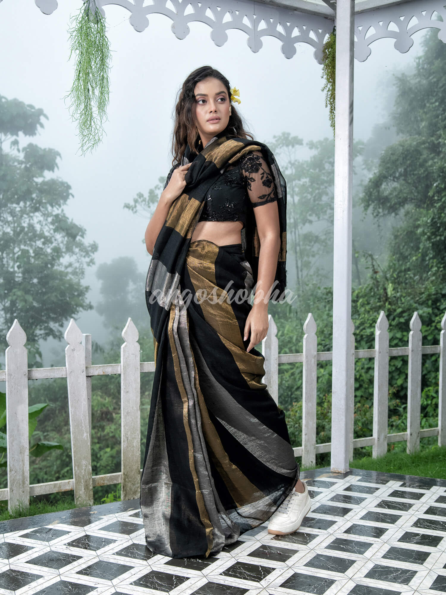 Black Linen Multicolor Tissue Body with Black Tassels Handwoven Saree