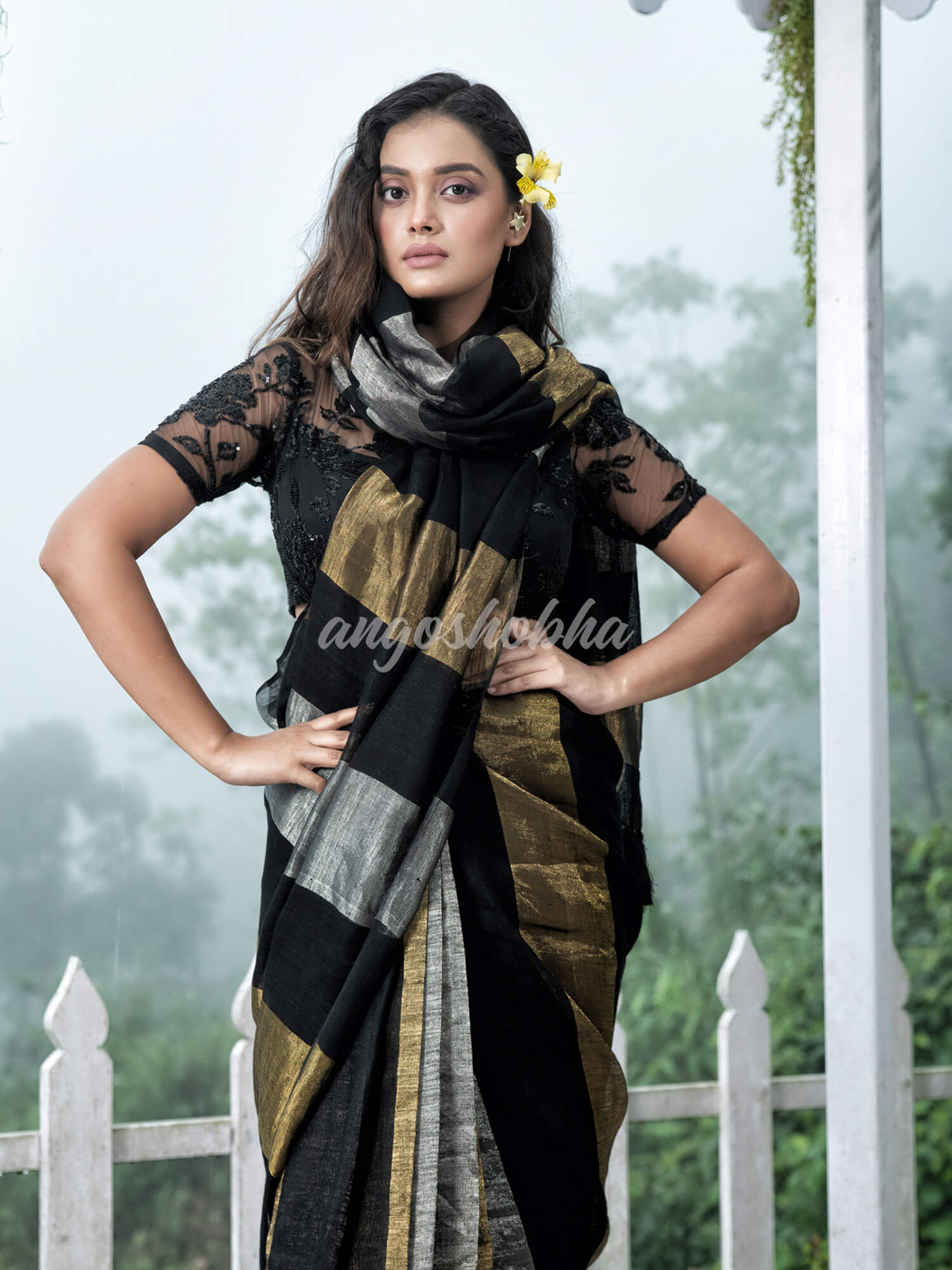 Black Linen Multicolor Tissue Body with Black Tassels Handwoven Saree