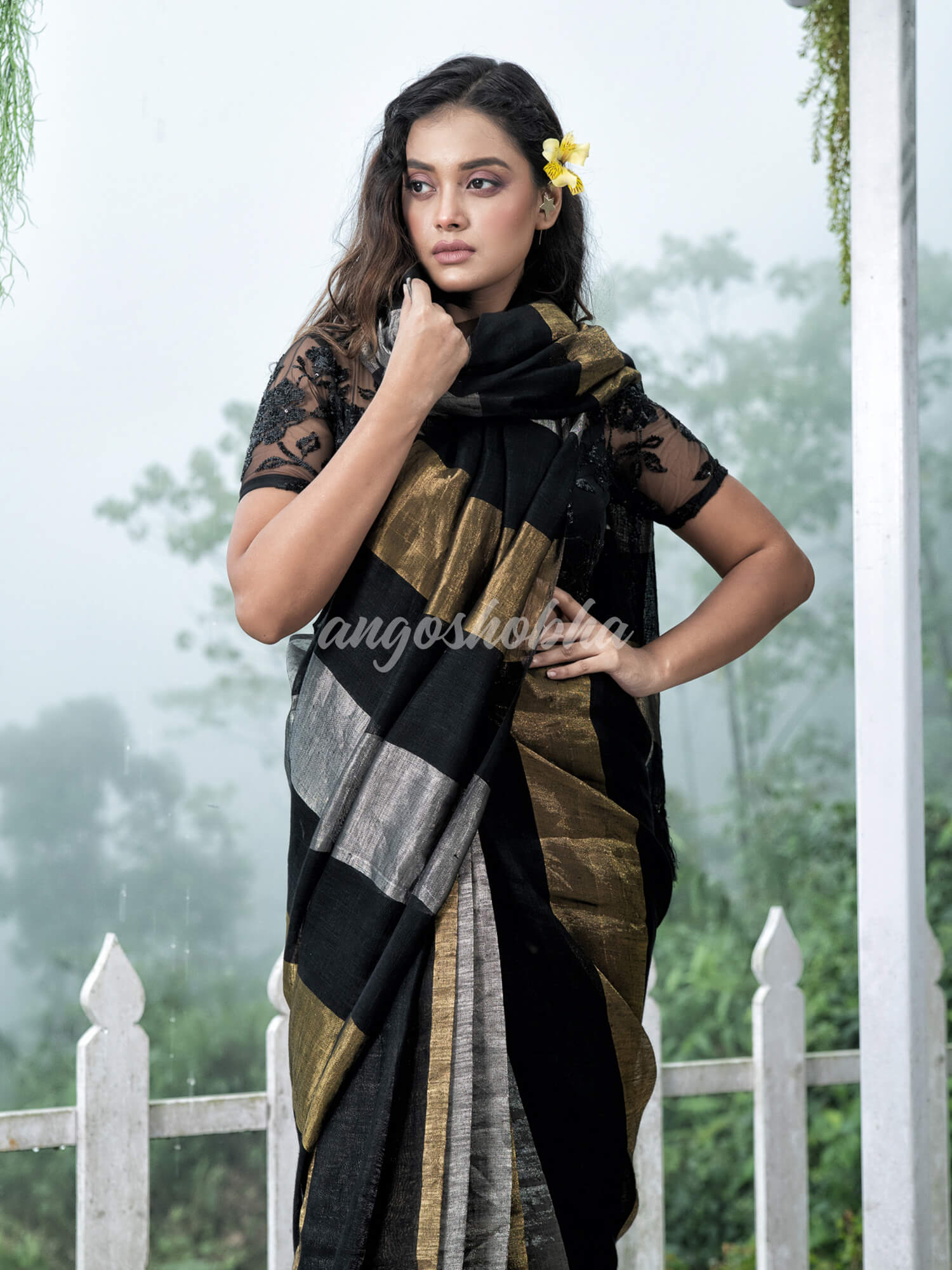 Black Linen Multicolor Tissue Body with Black Tassels Handwoven Saree