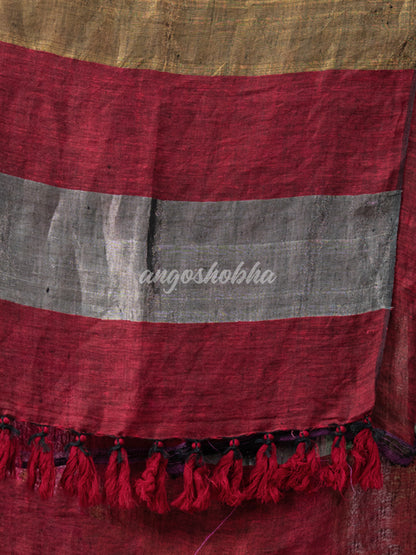Maroon Linen Multicolor Tissue Body with Maroon Tassels Handwoven Saree