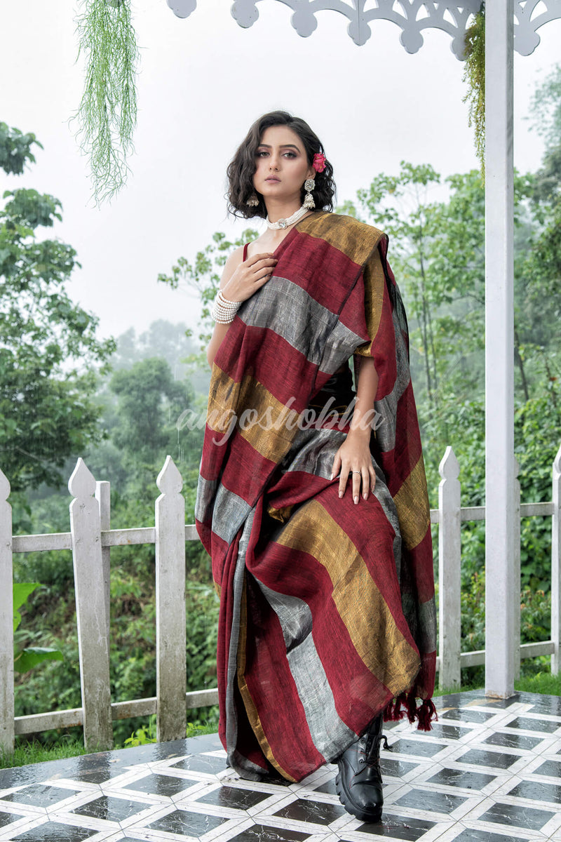 Maroon Linen Multicolor Tissue Body with Maroon Tassels Handwoven Saree