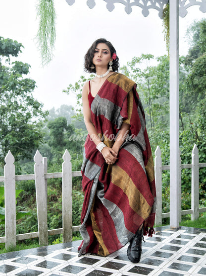 Maroon Linen Multicolor Tissue Body with Maroon Tassels Handwoven Saree