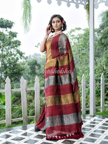 Maroon Linen Multicolor Tissue Body with Maroon Tassels Handwoven Saree