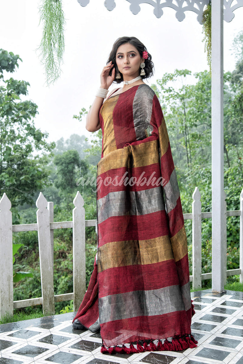 Maroon Linen Multicolor Tissue Body with Maroon Tassels Handwoven Saree