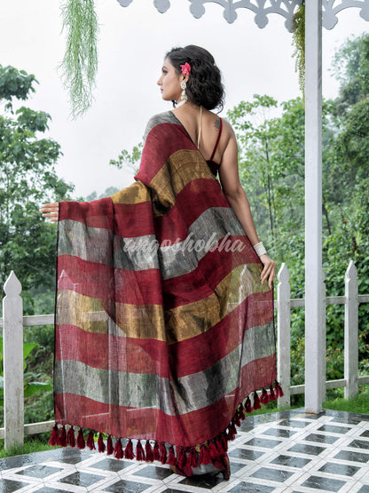 Maroon Linen Multicolor Tissue Body with Maroon Tassels Handwoven Saree