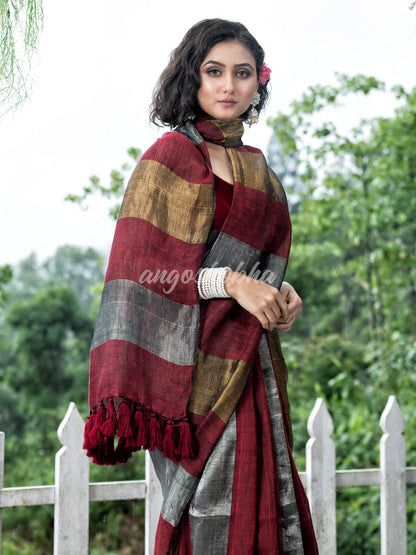 Maroon Linen Multicolor Tissue Body with Maroon Tassels Handwoven Saree