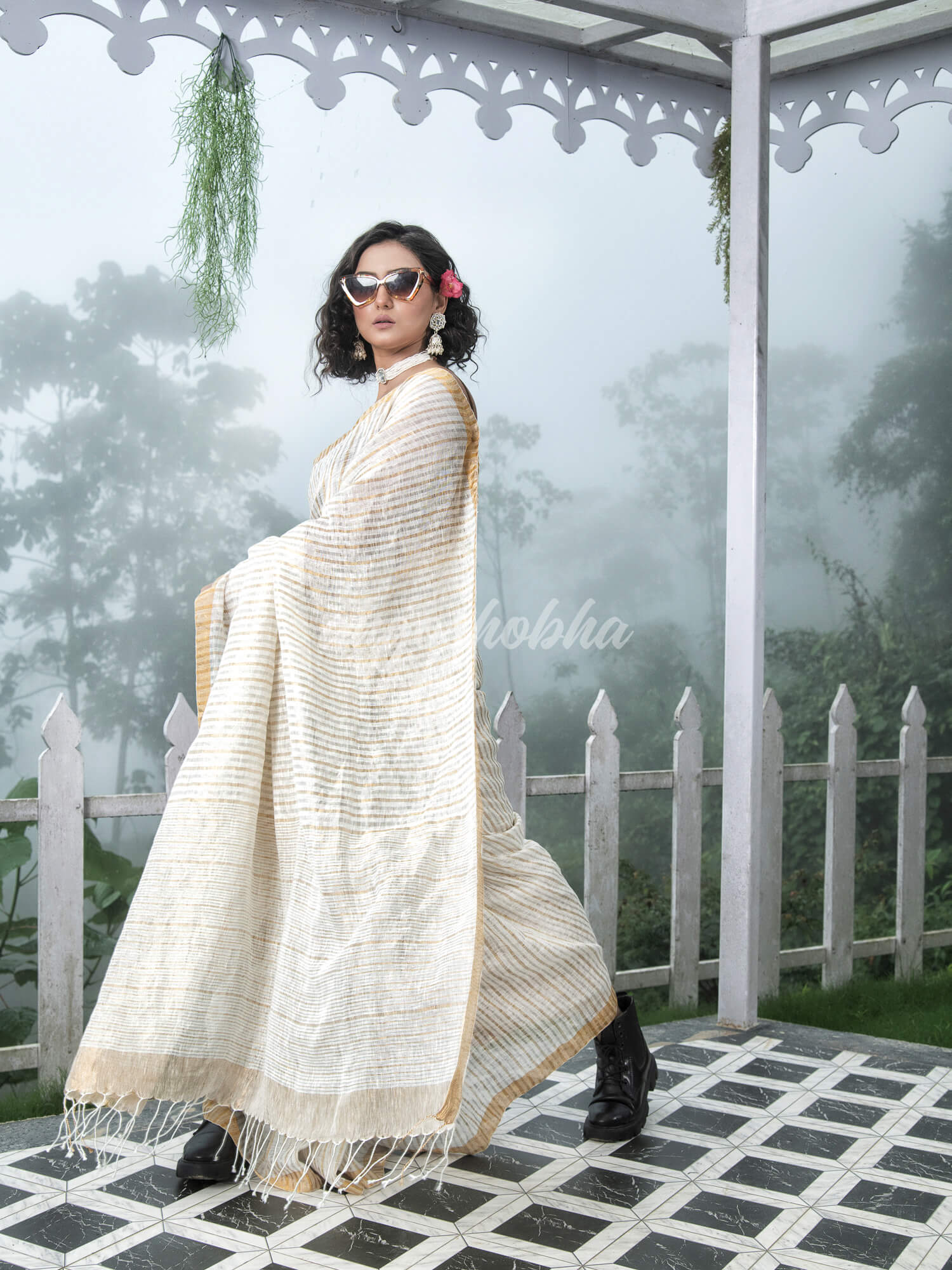 White Linen Golden and Silver Stripe Body with Golden Border Bengal Handwoven Saree