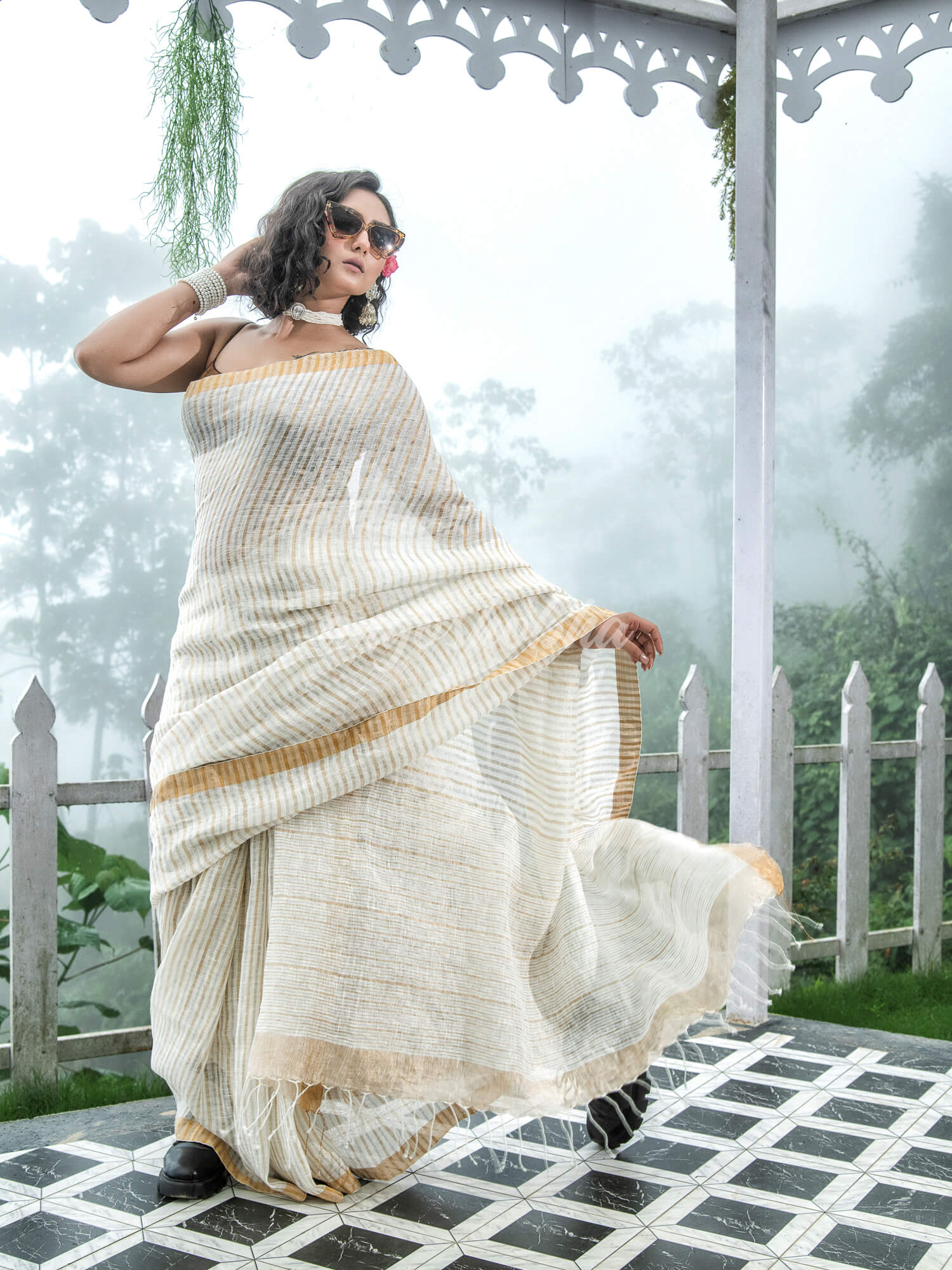 White Linen Golden and Silver Stripe Body with Golden Border Bengal Handwoven Saree