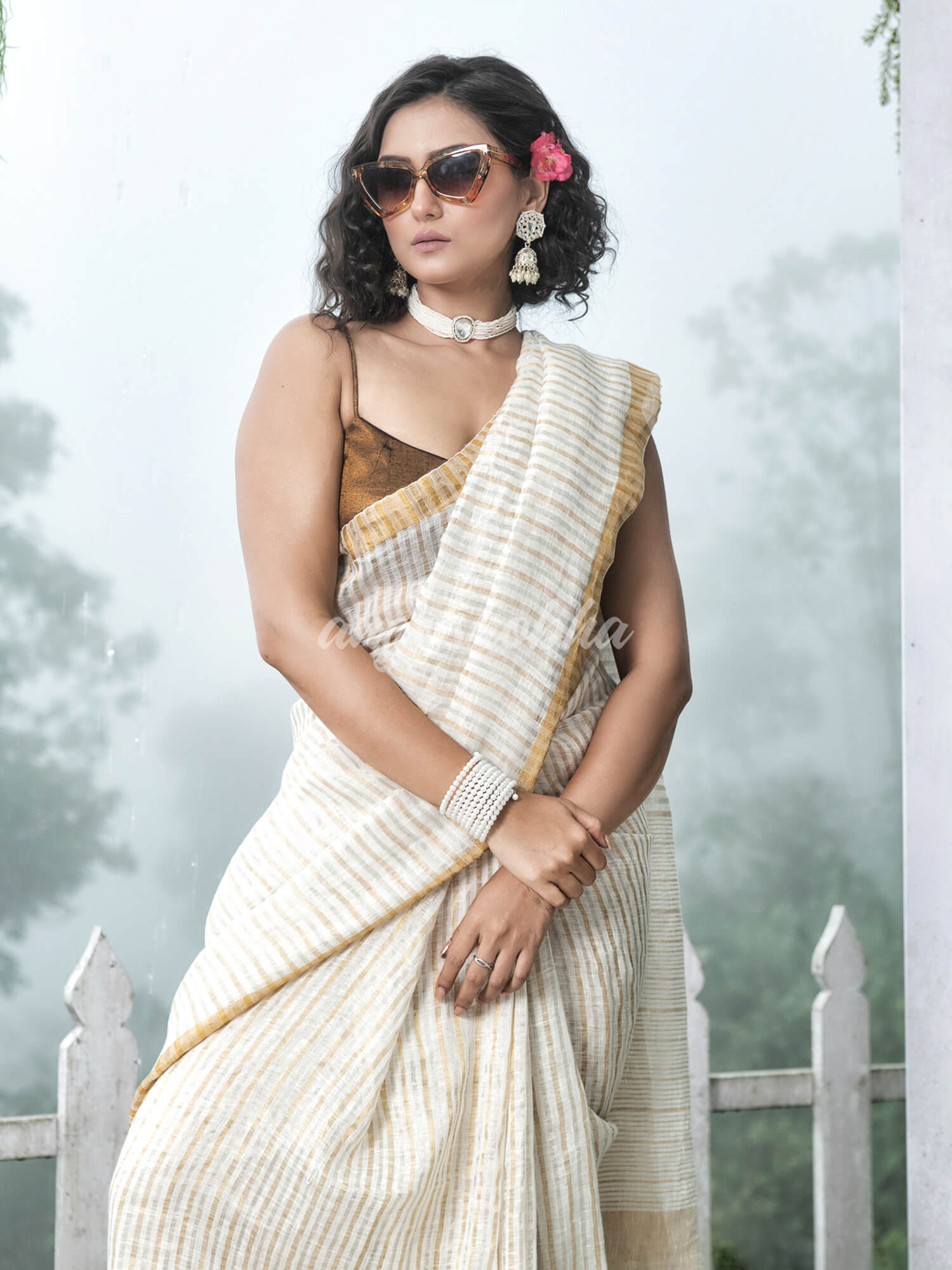 White Linen Golden and Silver Stripe Body with Golden Border Bengal Handwoven Saree