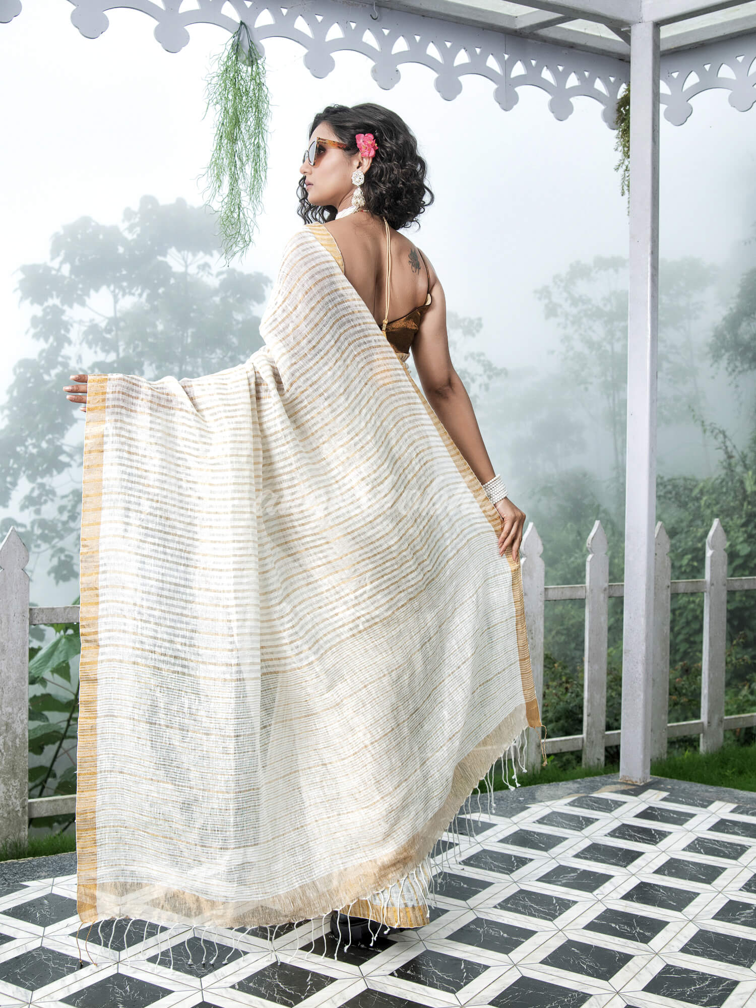 White Linen Golden and Silver Stripe Body with Golden Border Bengal Handwoven Saree
