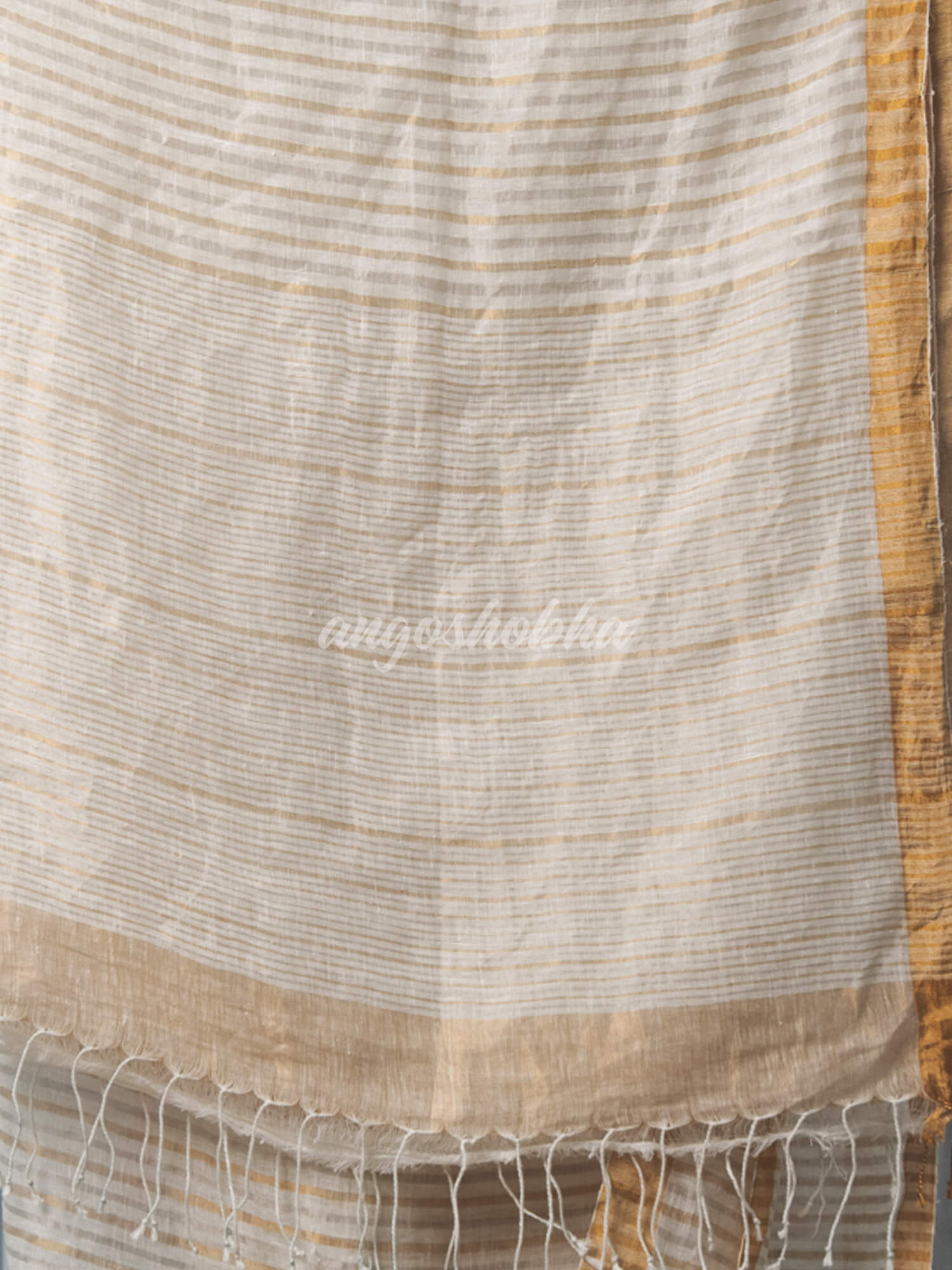 White Linen Golden and Silver Stripe Body with Golden Border Bengal Handwoven Saree