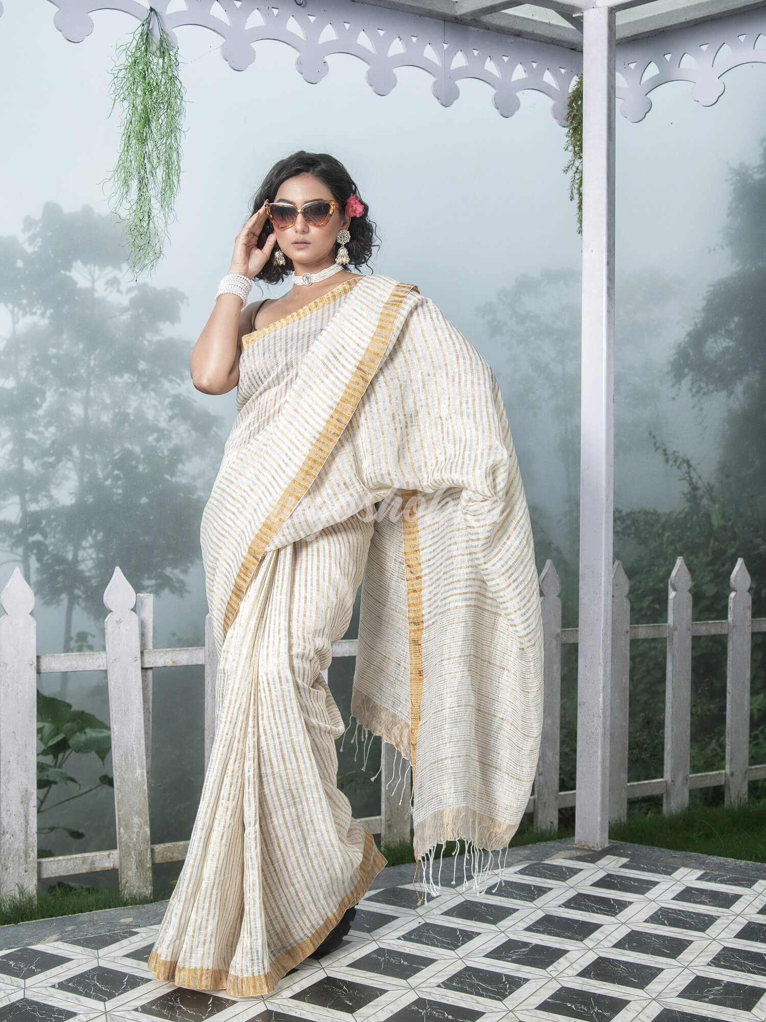 White Linen Golden and Silver Stripe Body with Golden Border Bengal Handwoven Saree