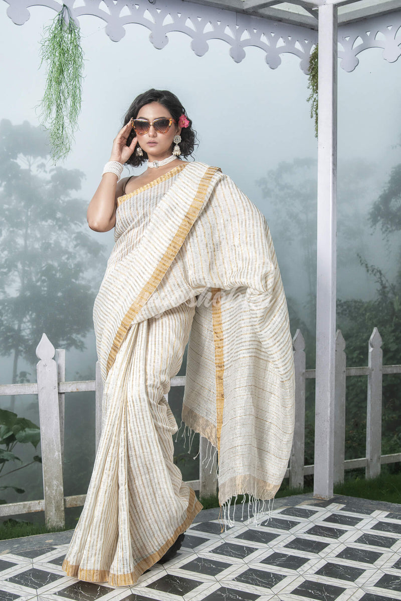 White Linen Golden and Silver Stripe Body with Golden Border Bengal Handwoven Saree