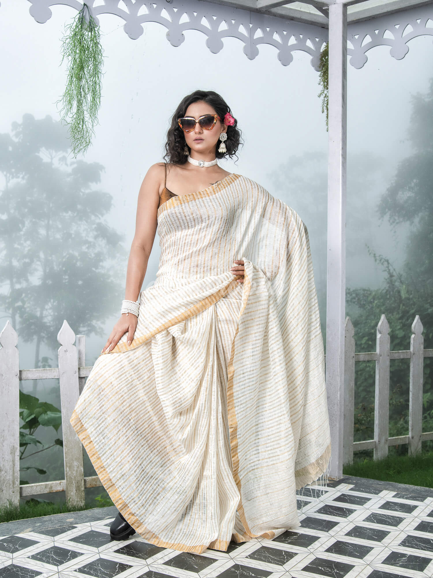 White Linen Golden and Silver Stripe Body with Golden Border Bengal Handwoven Saree