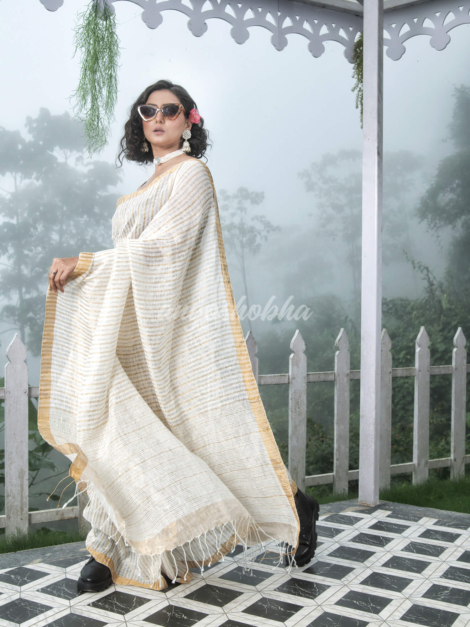 White Linen Golden and Silver Stripe Body with Golden Border Bengal Handwoven Saree