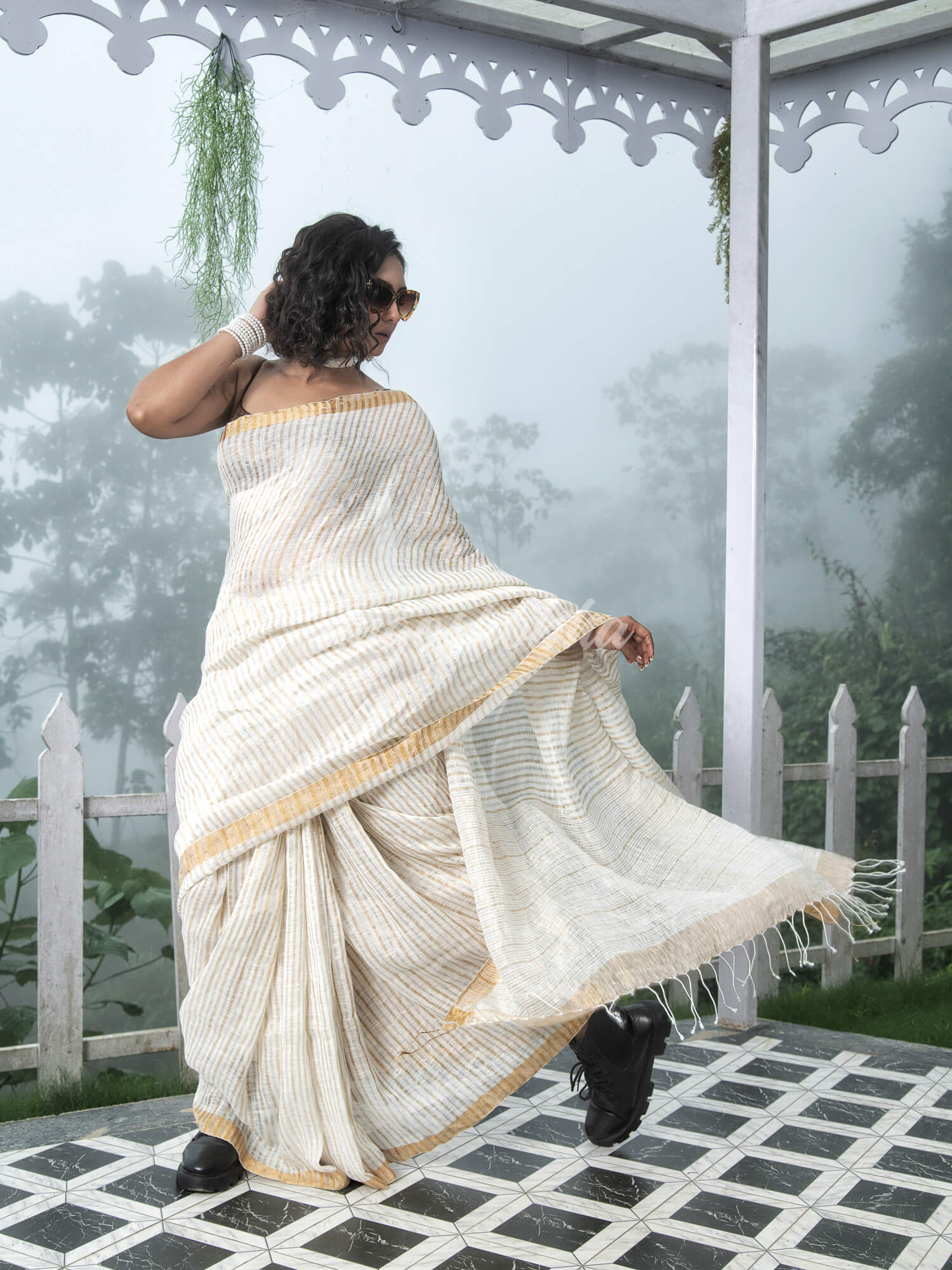 White Linen Golden and Silver Stripe Body with Golden Border Bengal Handwoven Saree