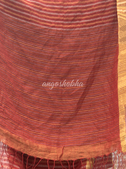 Rust Linen Golden and silver  Stripes Body with Golden Border Bengal Handwoven Saree