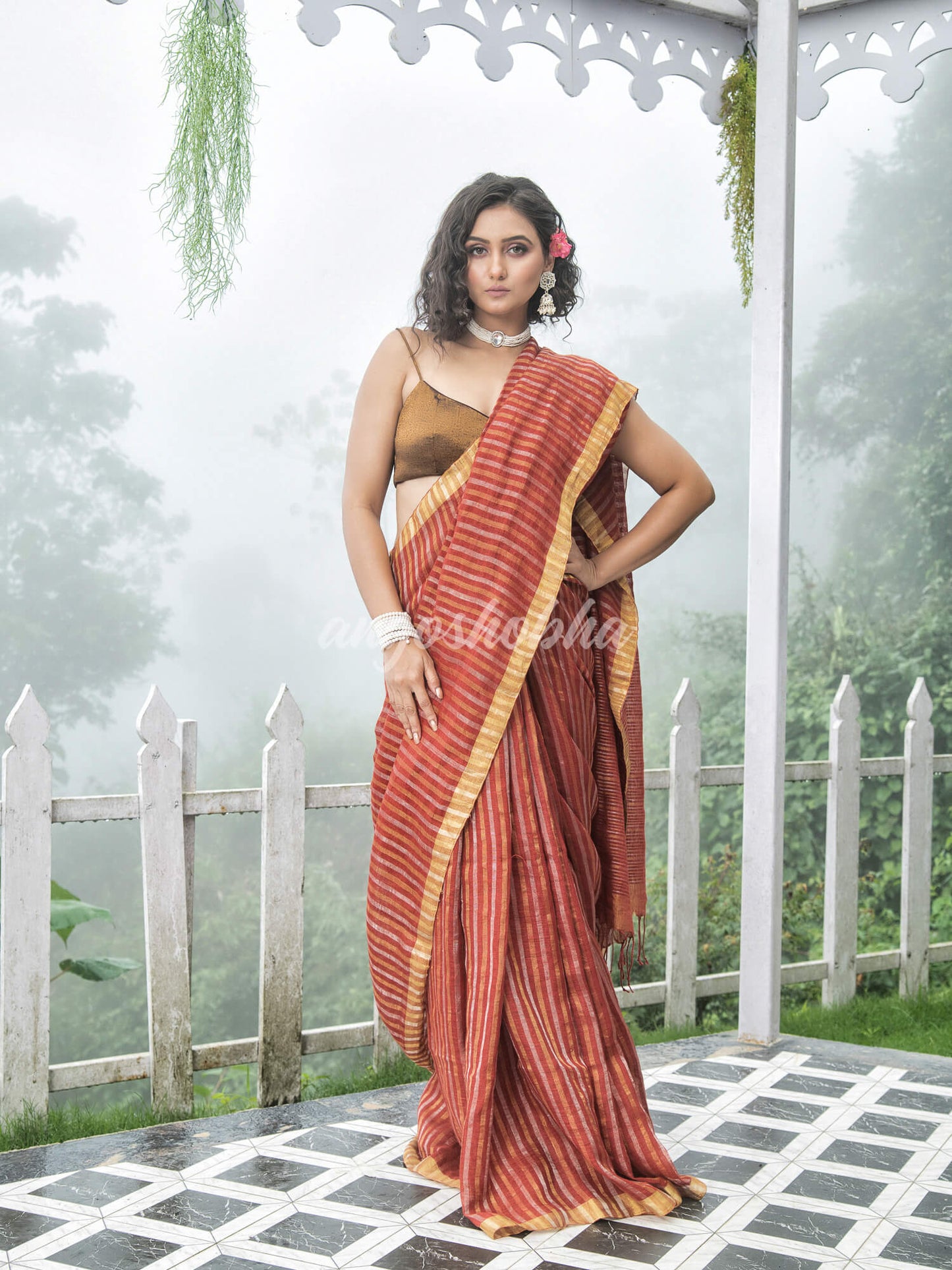Rust Linen Golden and silver  Stripes Body with Golden Border Bengal Handwoven Saree