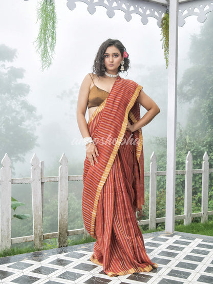 Rust Linen Golden and silver  Stripes Body with Golden Border Bengal Handwoven Saree