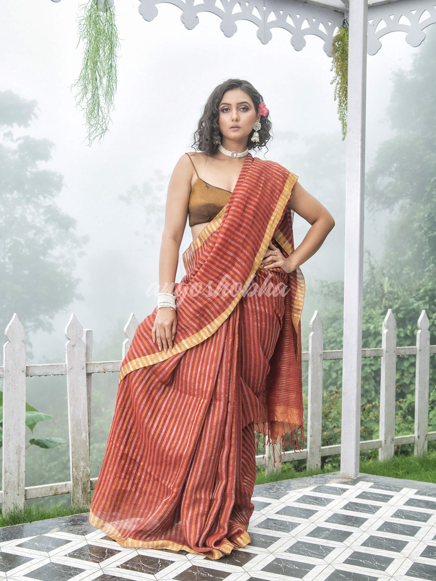 Rust Linen Golden and silver  Stripes Body with Golden Border Bengal Handwoven Saree