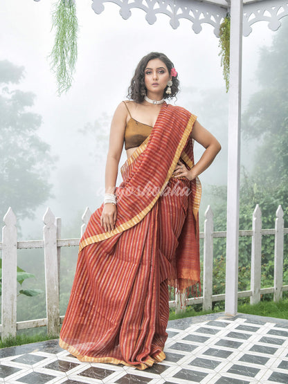 Rust Linen Golden and silver  Stripes Body with Golden Border Bengal Handwoven Saree