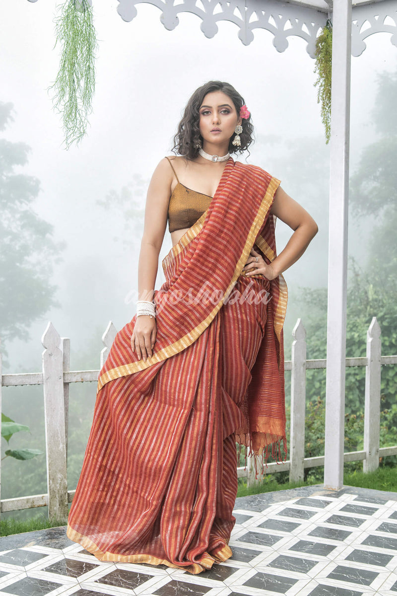Rust Linen Golden and silver  Stripes Body with Golden Border Bengal Handwoven Saree