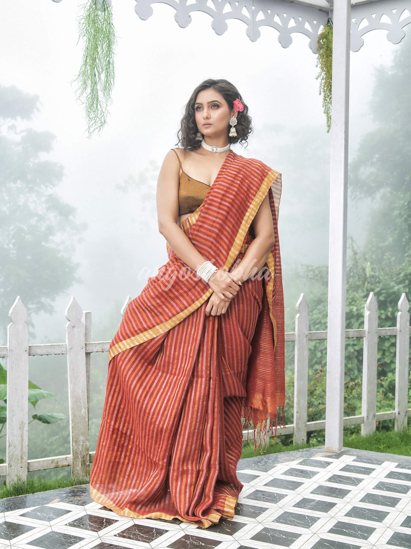 Rust Linen Golden and silver  Stripes Body with Golden Border Bengal Handwoven Saree