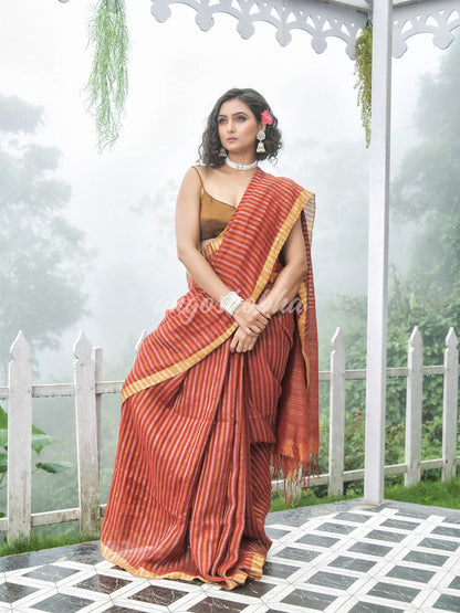 Rust Linen Golden and silver  Stripes Body with Golden Border Bengal Handwoven Saree