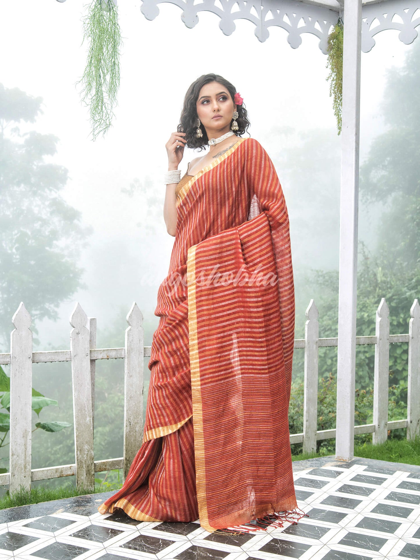Rust Linen Golden and silver  Stripes Body with Golden Border Bengal Handwoven Saree