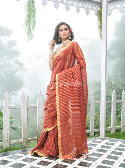 Rust Linen Golden and silver  Stripes Body with Golden Border Bengal Handwoven Saree