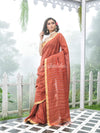 Rust Linen Golden and silver  Stripes Body with Golden Border Bengal Handwoven Saree